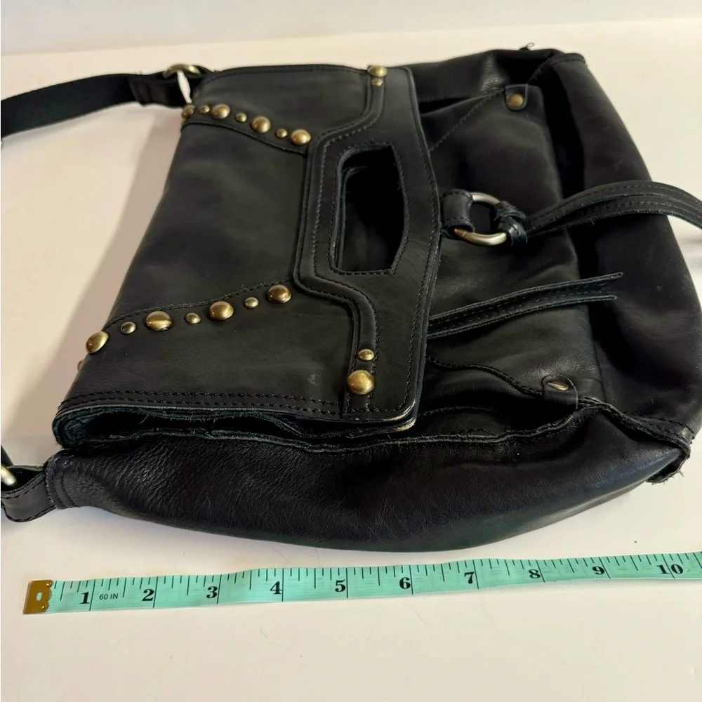 Lucky Brand Abbey fold over black leather studded messenger bag.Very Clean.
